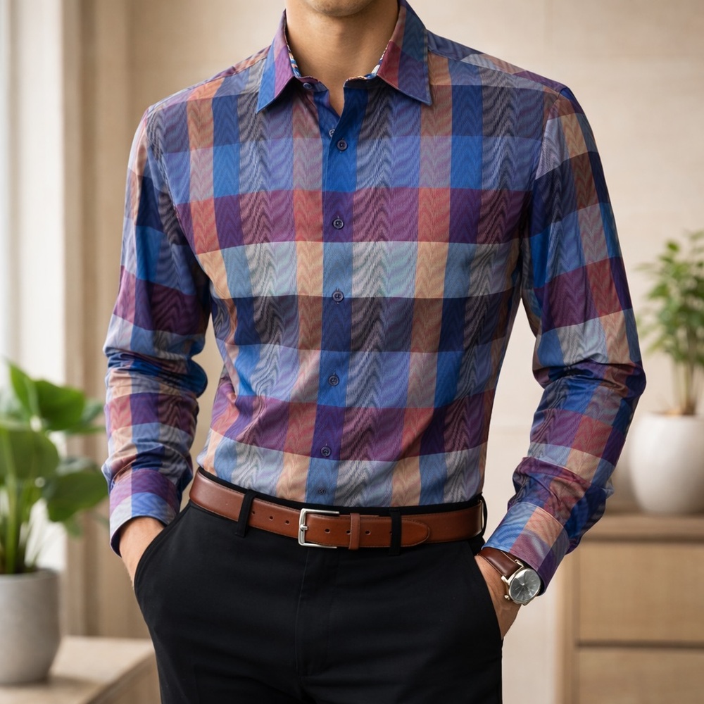 Robert Graham Mens 2XL Abstract Plaid Button Down Shirt Blue Multi 100% Cotton